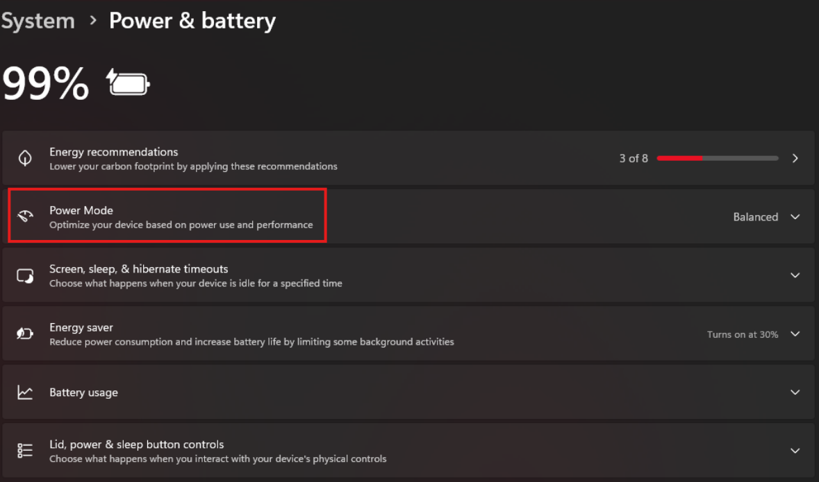 Power settings overview