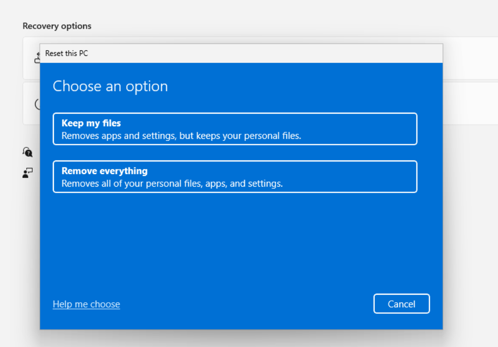 Reset this PC options