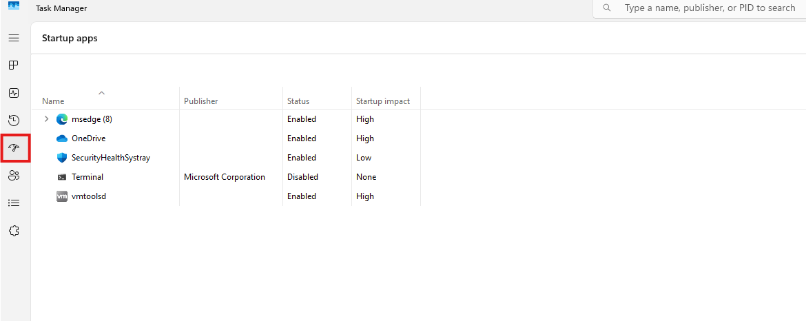 Startup tab in Task Manager