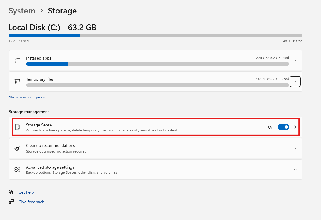 Storage Sense settings