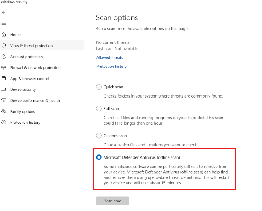 Scan options in Windows Security